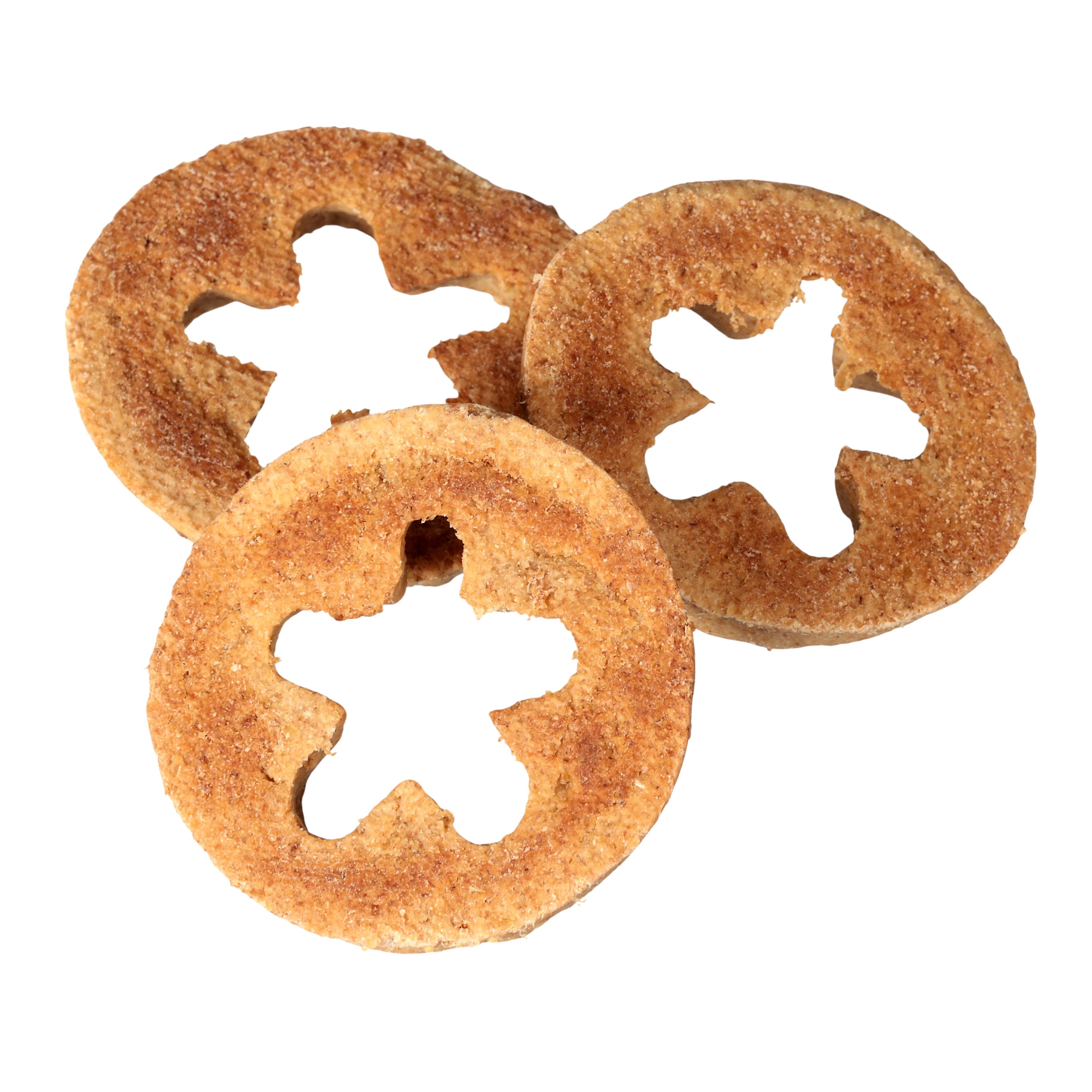 Three round Toppl enrichment toy biscuit dog treats with a star-shaped cutout in the center, arranged on a plain white background.