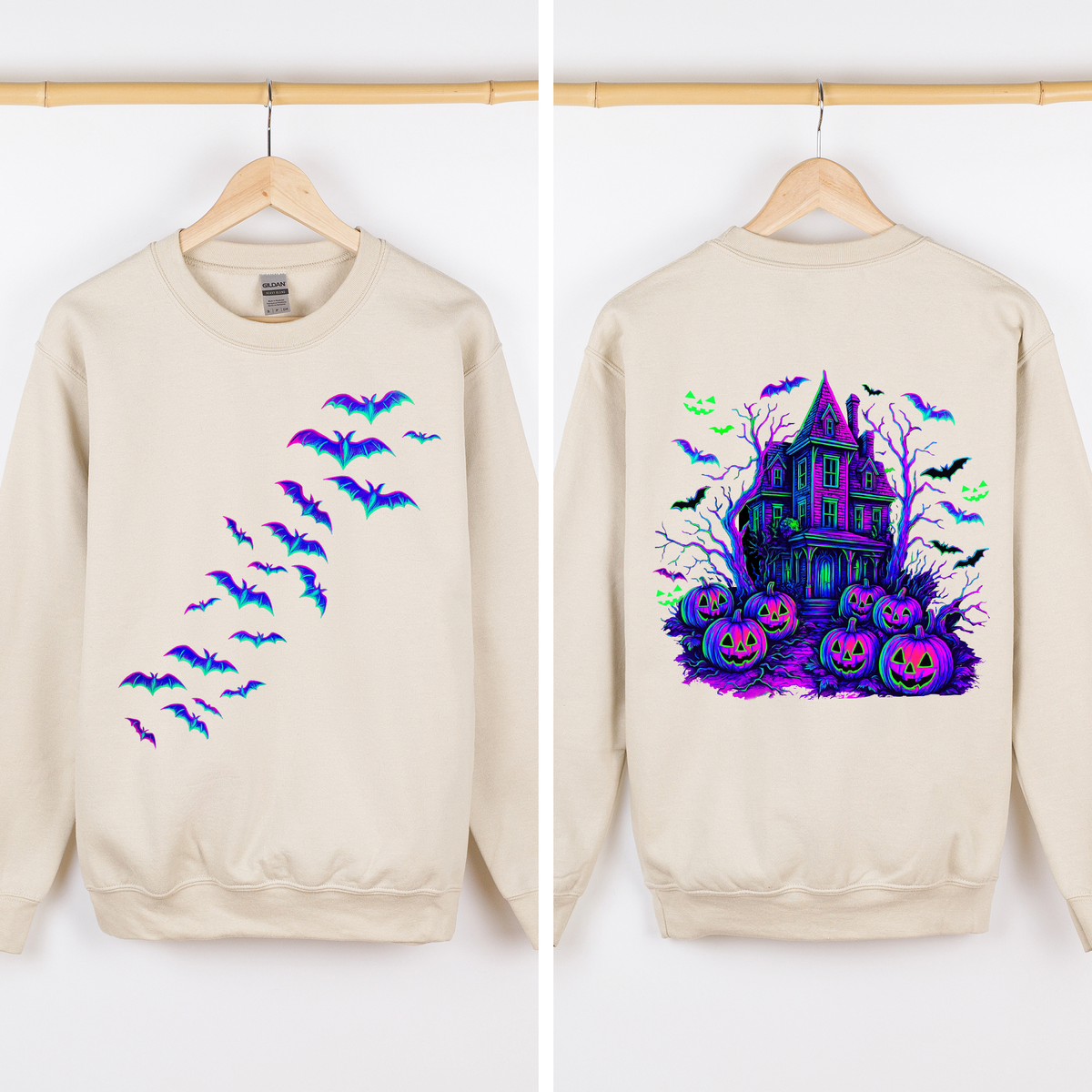 Neon Haunted House & Bats Sweatshirt