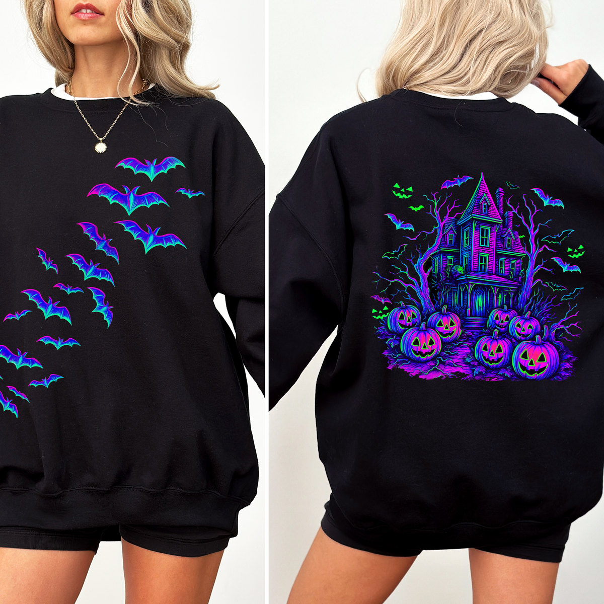 Neon Haunted House & Bats Sweatshirt
