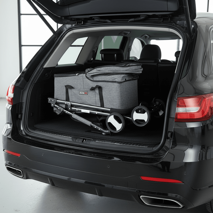 Gray Pet stroller folded design that easily fits in vehicle.