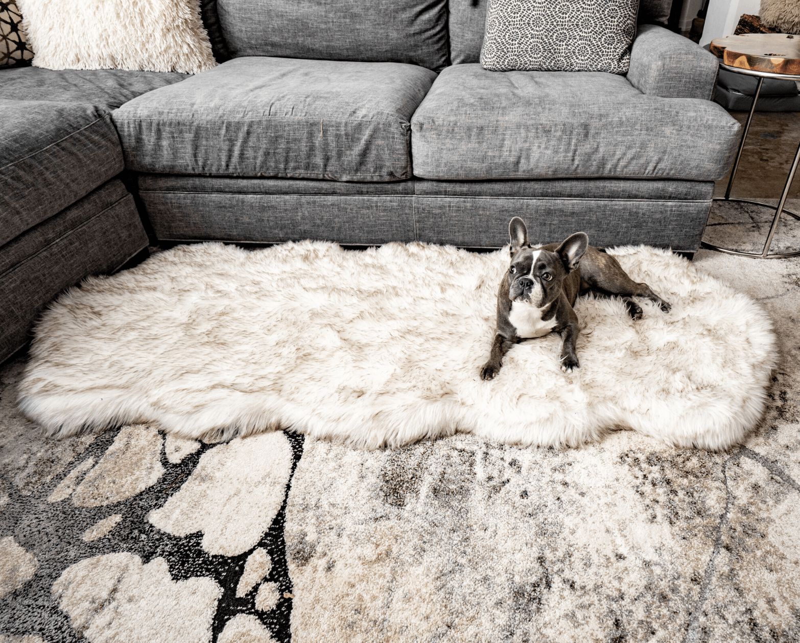 PupRug® Runner Faux Fur Memory Foam Dog Bed: Curve White with Brown Accents