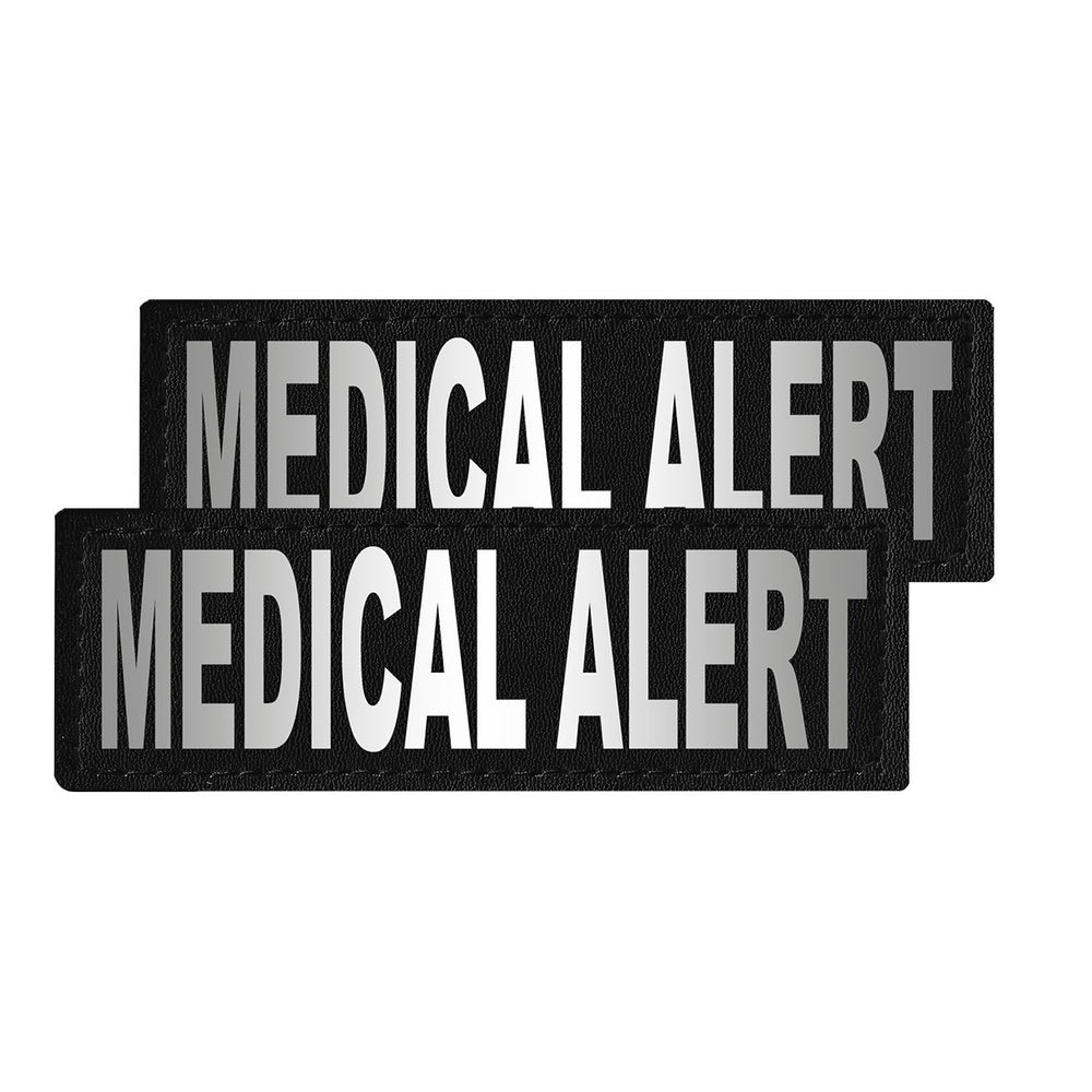 Two black medical alert patches with white text on a white background