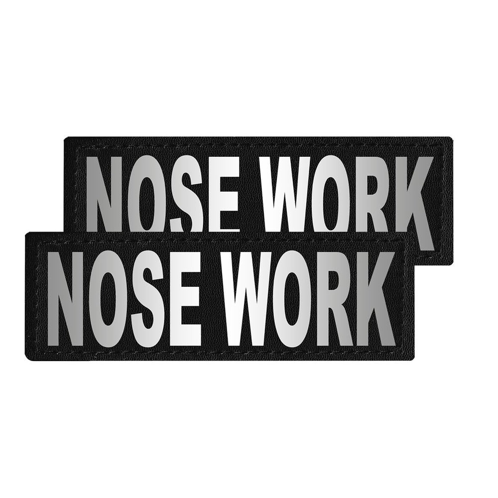 Two 'NOSE WORK' patches on a white background