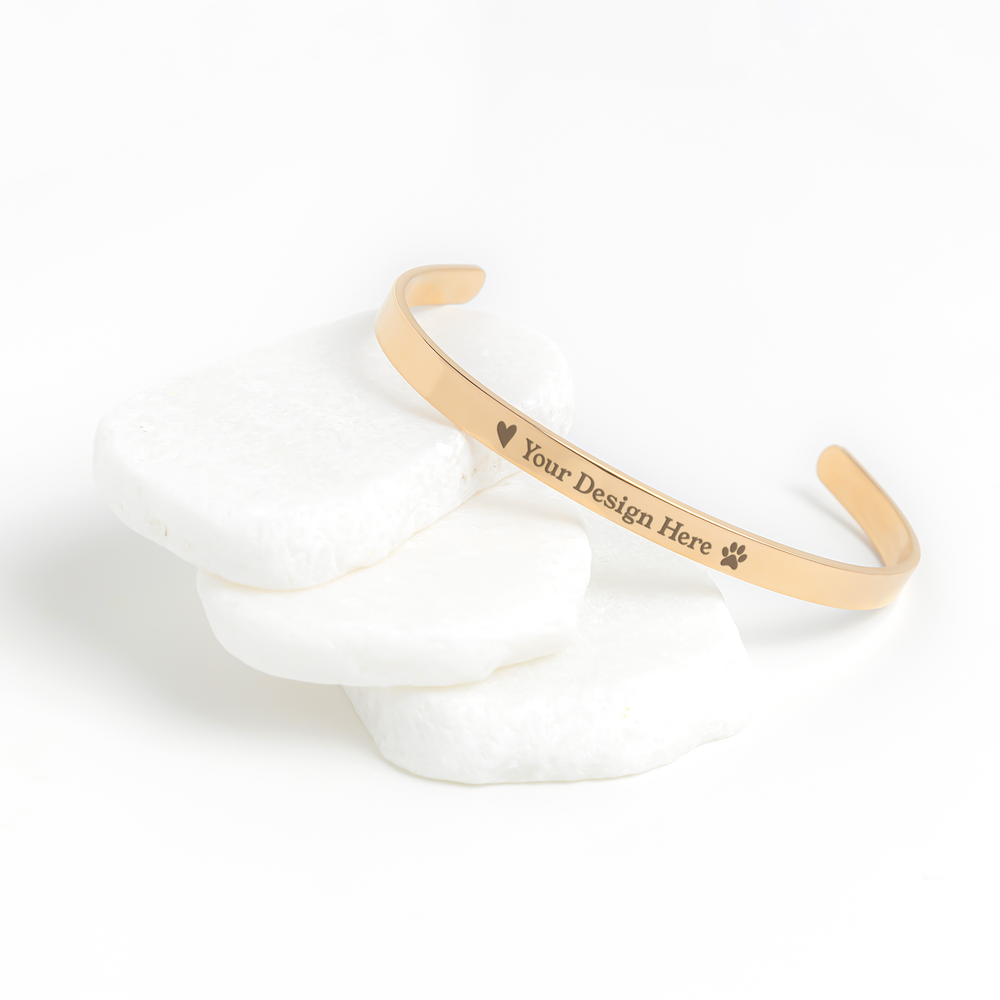 Personalized Name Cuff Bracelet in Gold, Rose Gold & Silver with Heart, Paw Print