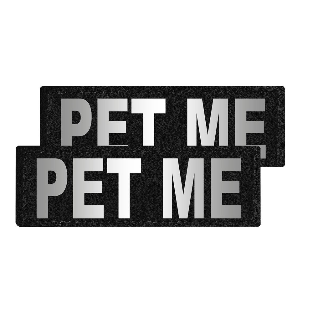 Two black patches with 'PET ME' text on a white background