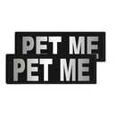 Two black patches with 'PET ME' text on a white background