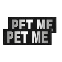 Two black patches with 'PET ME' text on a white background