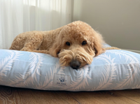 modern coastal blue and white dog bed with a brown dog lying on it. 