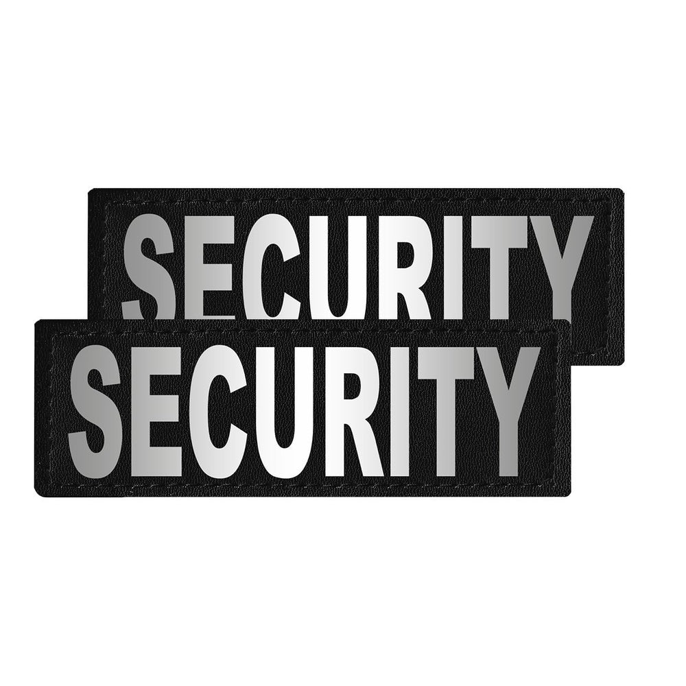 Two security patches with black border and white text on a white background