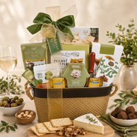 sophisticated Gift basket with chocolate, brie cheese, crackers, Bruschetta, olives, peanut brittle, truffles, and snickerdoodle cookies and a glass of wine on a table.