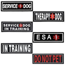 hook and loop rubber patches for a dog harness or vest with verbiage: Emotional support animal, ESA, service dog, therapy dog, do not pet, blinddog, deaf dog, American flag and in training.