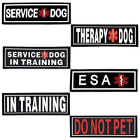 hook and loop rubber patches for a dog harness or vest with verbiage: Emotional support animal, ESA, service dog, therapy dog, do not pet, blinddog, deaf dog, American flag and in training.
