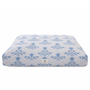 A rectangular dog bed with a light gray heathered fabric and a repeating blue botanical damask pattern, featuring a small white brand label on the front.
