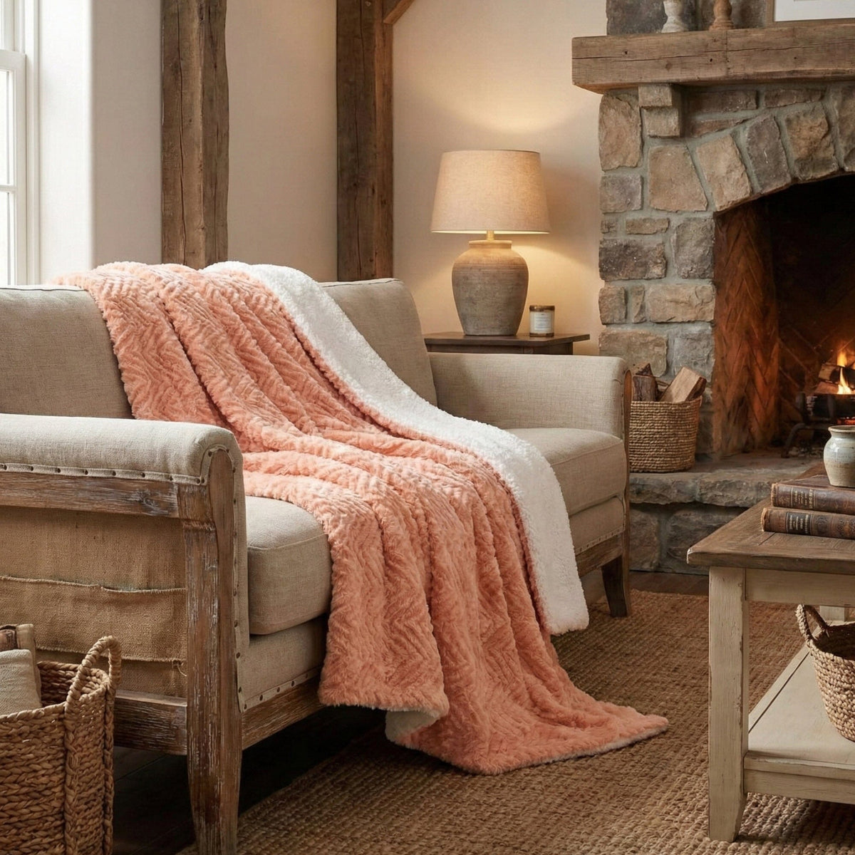 Creamy Peach Sherpa Fleece Blanket