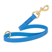 blue SMOOTH BioThane Traffic Lead Leash with a gold colored brass clip that comes in a 20 inch length and 3/4" width