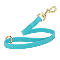 light blue SMOOTH BioThane Traffic Lead Leash with a gold colored brass clip that comes in a 20 inch length and 3/4" width