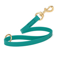 aqua green SMOOTH BioThane Traffic Lead Leash with a gold colored brass clip that comes in a 20 inch length and 3/4" width