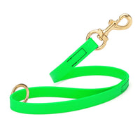 neon green SMOOTH BioThane Traffic Lead Leash with a gold colored brass clip that comes in a 20 inch length and 3/4" width