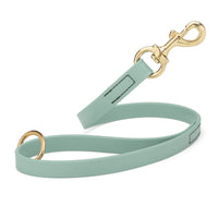 sage green SMOOTH BioThane Traffic Lead Leash with a gold colored brass clip that comes in a 20 inch length and 3/4" width