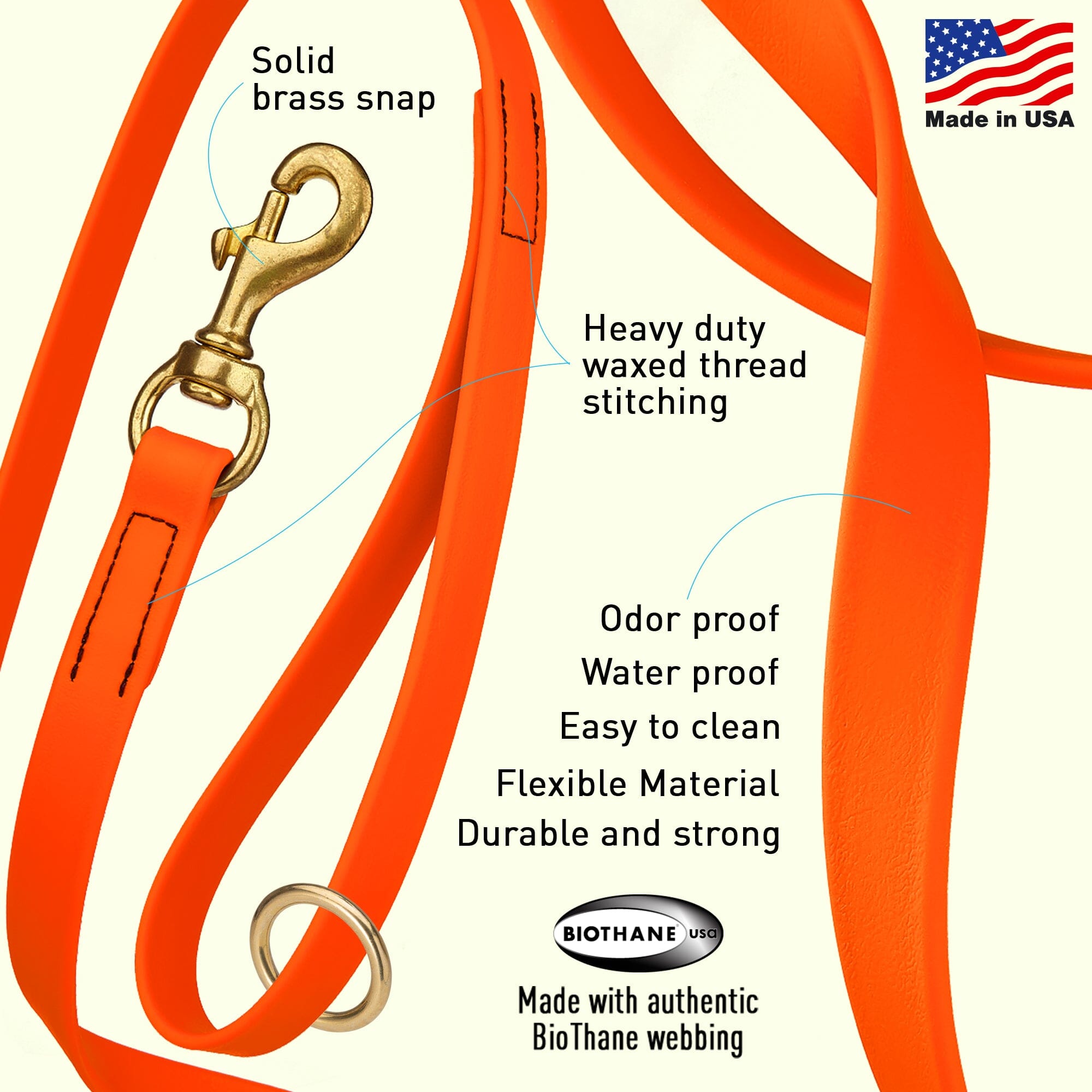 Brass Clip - SMOOTH BioThane Traffic Lead: 20"; 3/4" wide