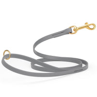 gray waterproof biothane cat or dog leash with gold colored brass snap clip that comes in widths of 1/2", 5/8" and 3/4" and is 6 feet long.