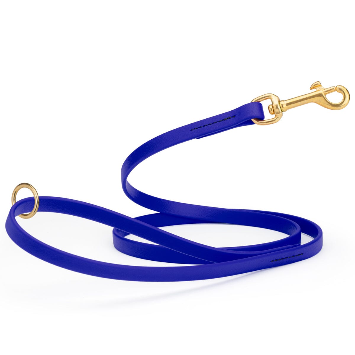 royal blue waterproof biothane cat or dog leash with gold colored brass snap clip that comes in widths of 1/2", 5/8" and 3/4" and is 6 feet long.