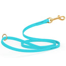 turquoise blue waterproof biothane cat or dog leash with gold colored brass snap clip that comes in widths of 1/2", 5/8" and 3/4" and is 6 feet long.