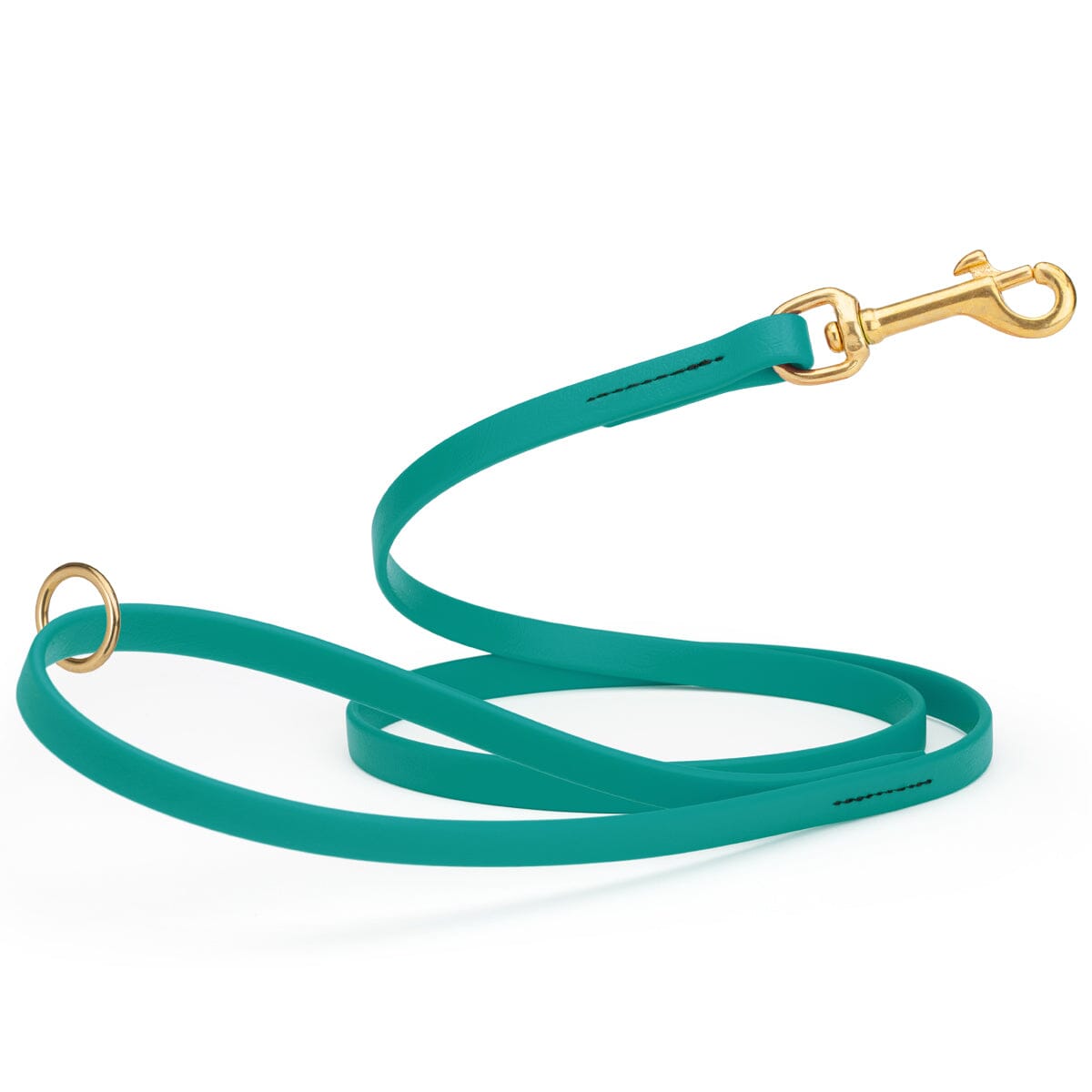 teal green waterproof biothane cat or dog leash with gold colored brass snap clip that comes in widths of 1/2", 5/8" and 3/4" and is 6 feet long.