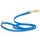 bright blue waterproof biothane cat or dog leash with gold colored brass snap clip that comes in widths of 1/2", 5/8" and 3/4" and is 6 feet long.