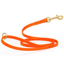 hunter neon orange waterproof biothane cat or dog leash with gold colored brass snap clip that comes in widths of 1/2", 5/8" and 3/4" and is 6 feet long.
