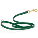 dark green waterproof biothane cat or dog leash with gold colored brass snap clip that comes in widths of 1/2", 5/8" and 3/4" and is 6 feet long.