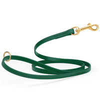 dark green waterproof biothane cat or dog leash with gold colored brass snap clip that comes in widths of 1/2", 5/8" and 3/4" and is 6 feet long.