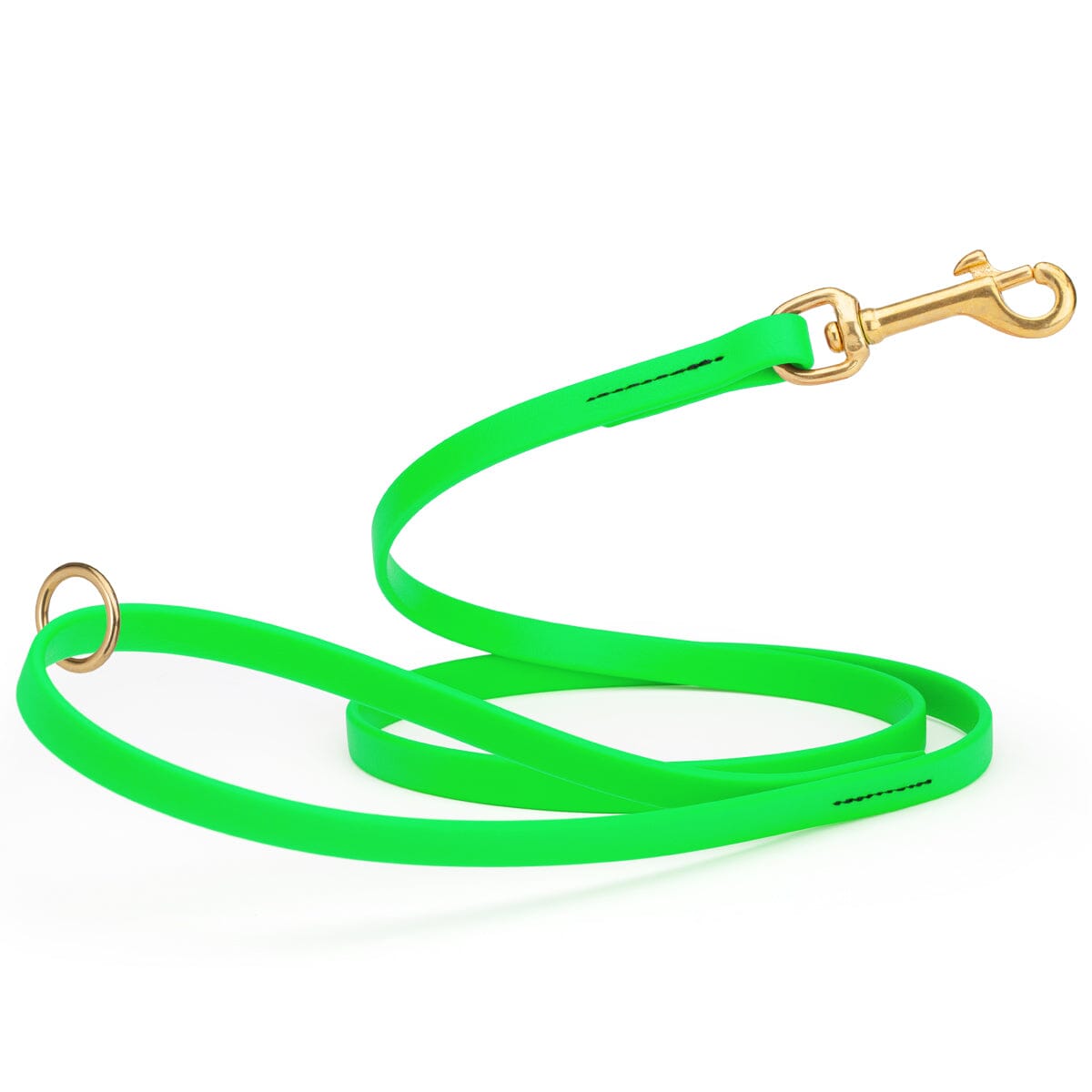 neon green waterproof biothane cat or dog leash with gold colored brass snap clip that comes in widths of 1/2", 5/8" and 3/4" and is 6 feet long.