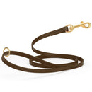 dark brown waterproof biothane cat or dog leash with gold colored brass snap clip that comes in widths of 1/2", 5/8" and 3/4" and is 6 feet long.