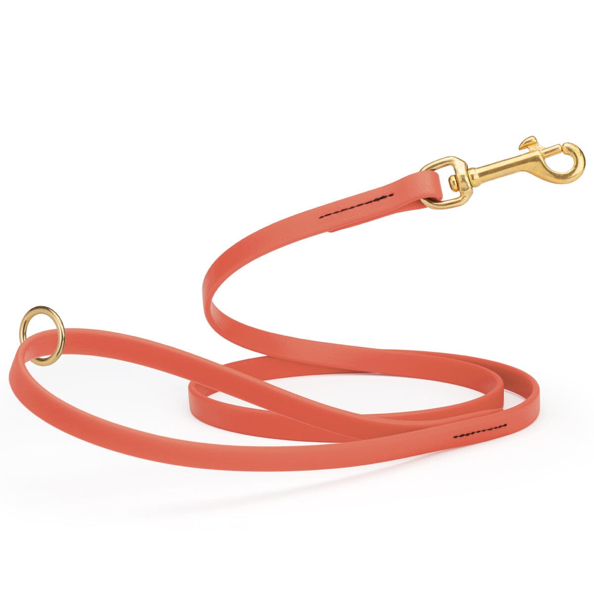 Coral/terracotta waterproof biothane cat or dog leash with gold colored brass snap clip that comes in widths of 1/2", 5/8" and 3/4" and is 6 feet long.
