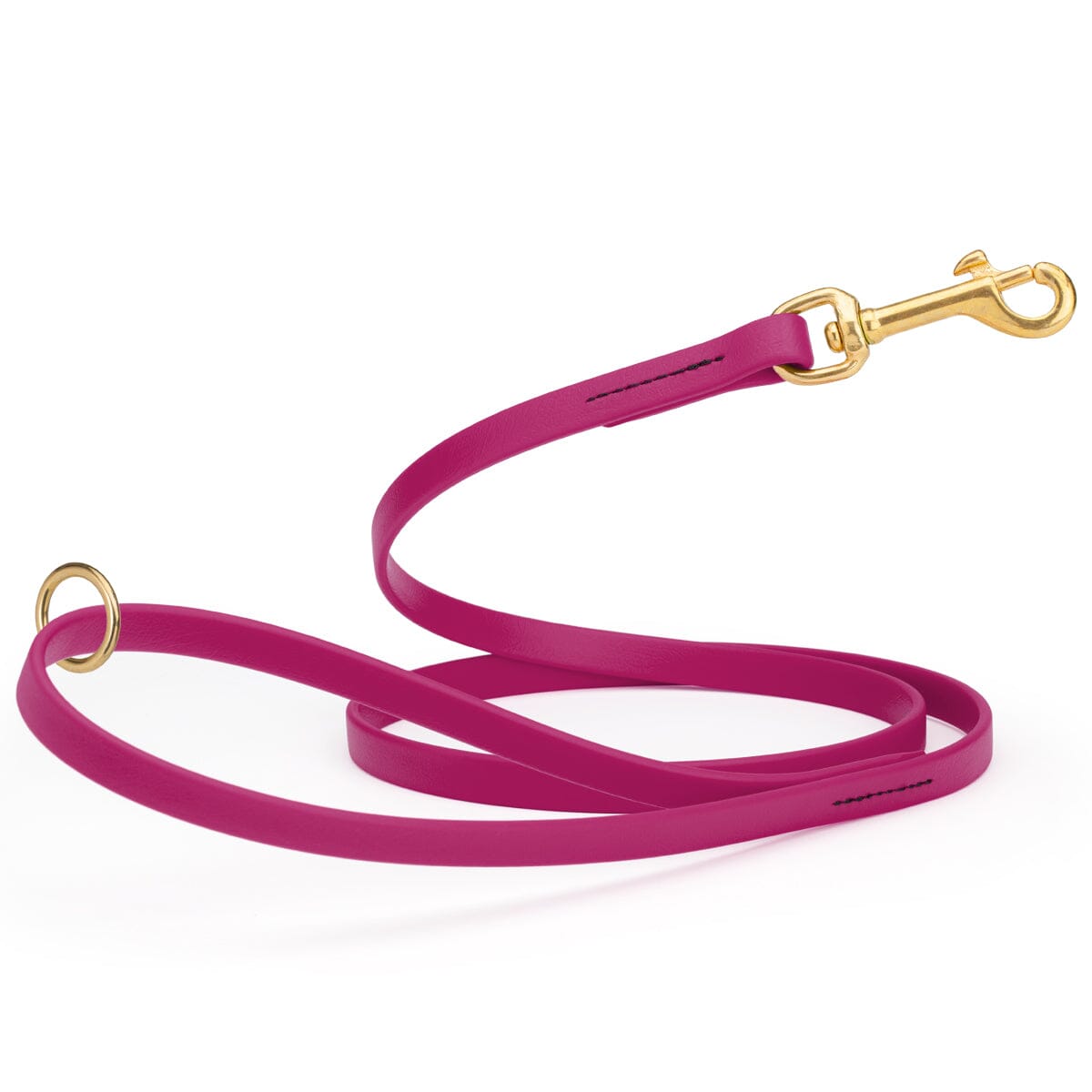 Magenta pink waterproof biothane cat or dog leash with gold colored brass snap clip that comes in widths of 1/2", 5/8" and 3/4" and is 6 feet long.