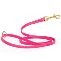 bubblegum pink waterproof biothane cat or dog leash with gold colored brass snap clip that comes in widths of 1/2", 5/8" and 3/4" and is 6 feet long.