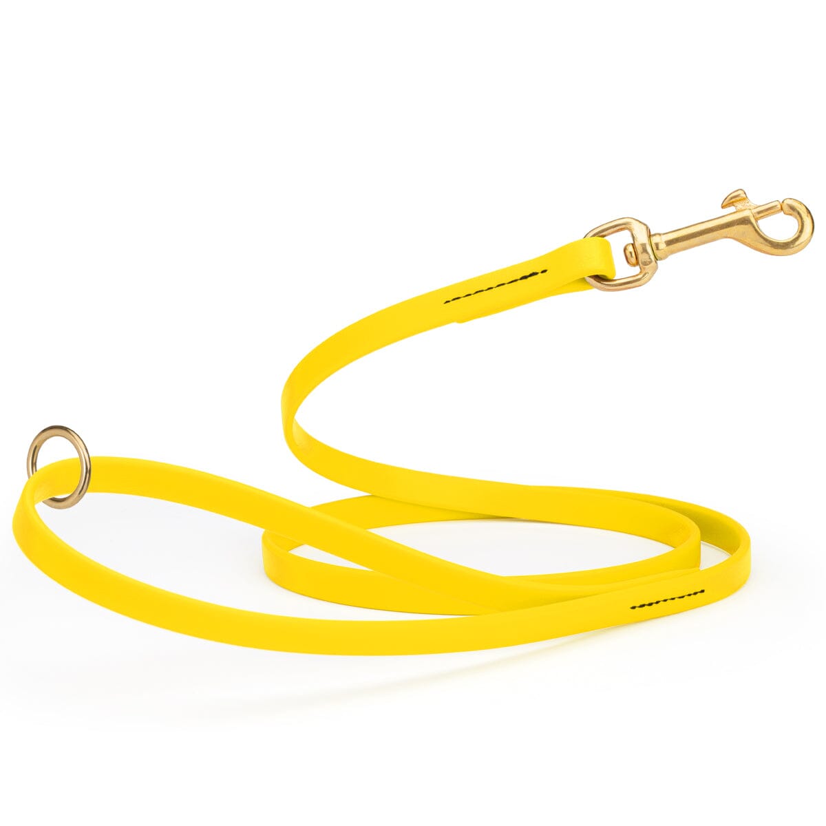 Yellow waterproof biothane cat or dog leash with gold colored brass snap clip that comes in widths of 1/2", 5/8" and 3/4" and is 6 feet long.