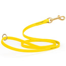 Yellow waterproof biothane cat or dog leash with gold colored brass snap clip that comes in widths of 1/2", 5/8" and 3/4" and is 6 feet long.