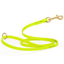 safety neon yellow waterproof biothane cat or dog leash with gold colored brass snap clip that comes in widths of 1/2", 5/8" and 3/4" and is 6 feet long.