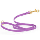 lilac purple waterproof biothane cat or dog leash with gold colored brass snap clip that comes in widths of 1/2", 5/8" and 3/4" and is 6 feet long.