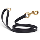 black waterproof biothane cat or dog leash with gold colored brass snap clip that comes in widths of 1/2", 5/8" and 3/4" and is 6 feet long.