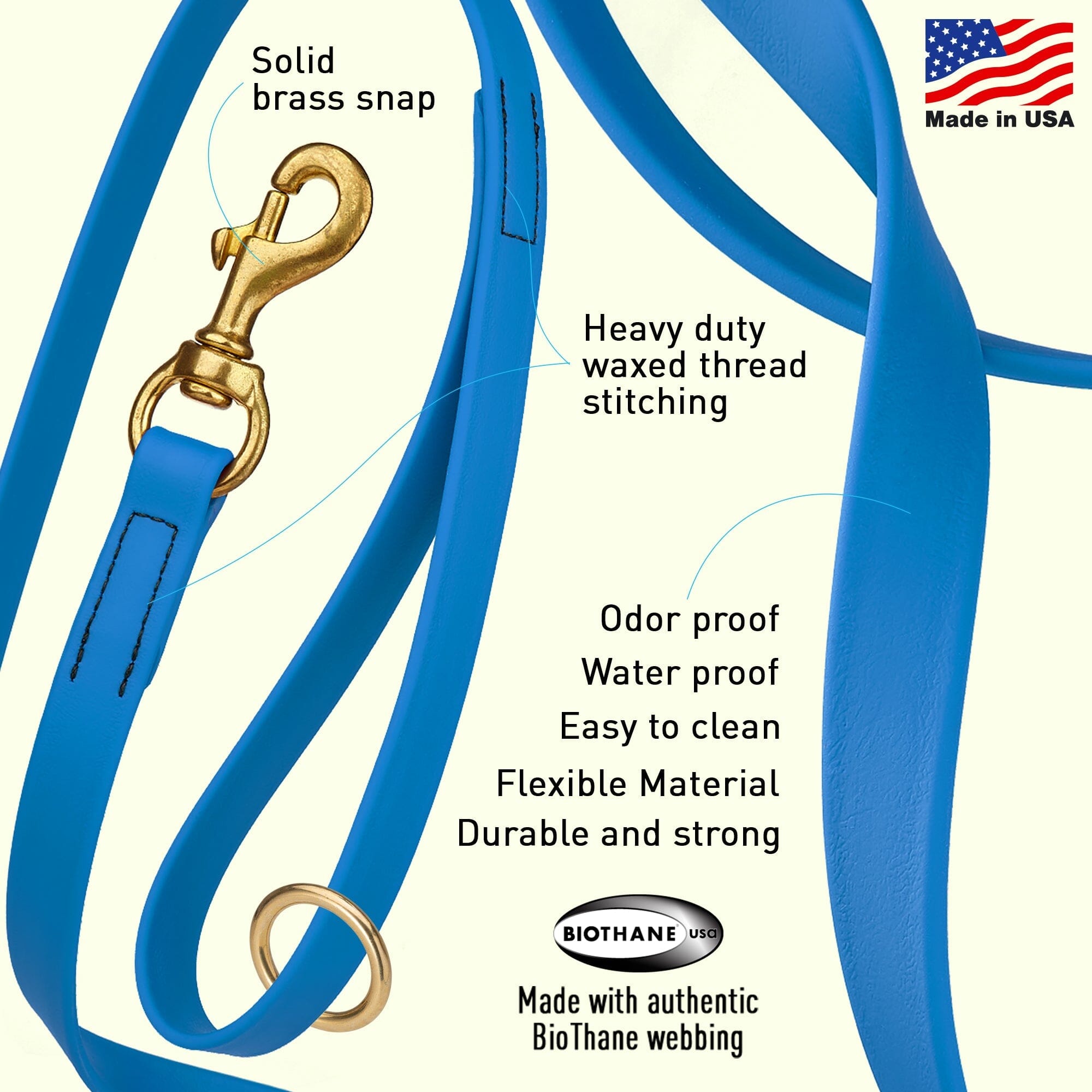 Brass Clip - SMOOTH BioThane Leash: 6ft; 1/2", 5/8", 3/4" wide
