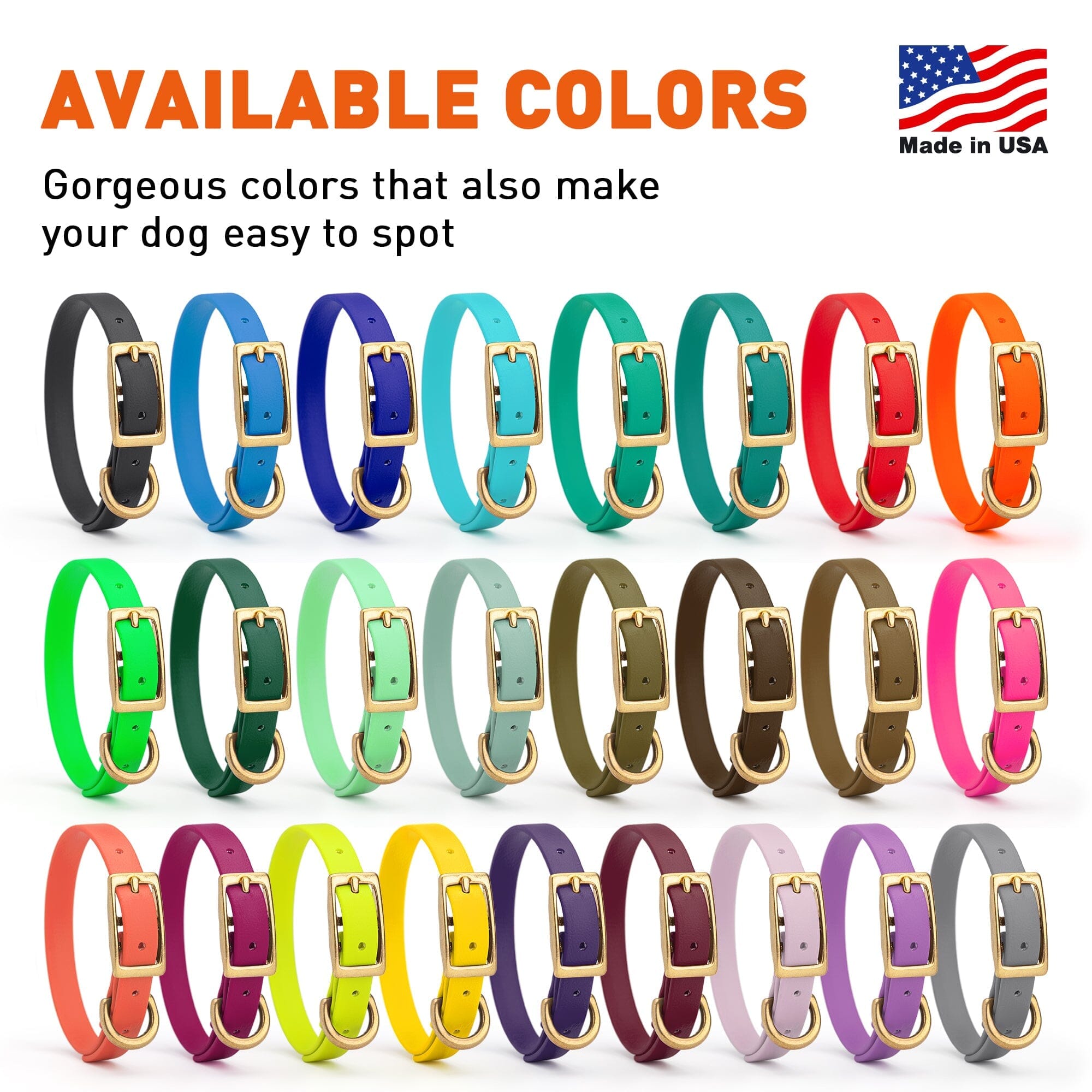 Brass: EXTRA SMALL (9-12"long, 1/2"wide) BioThane Collar