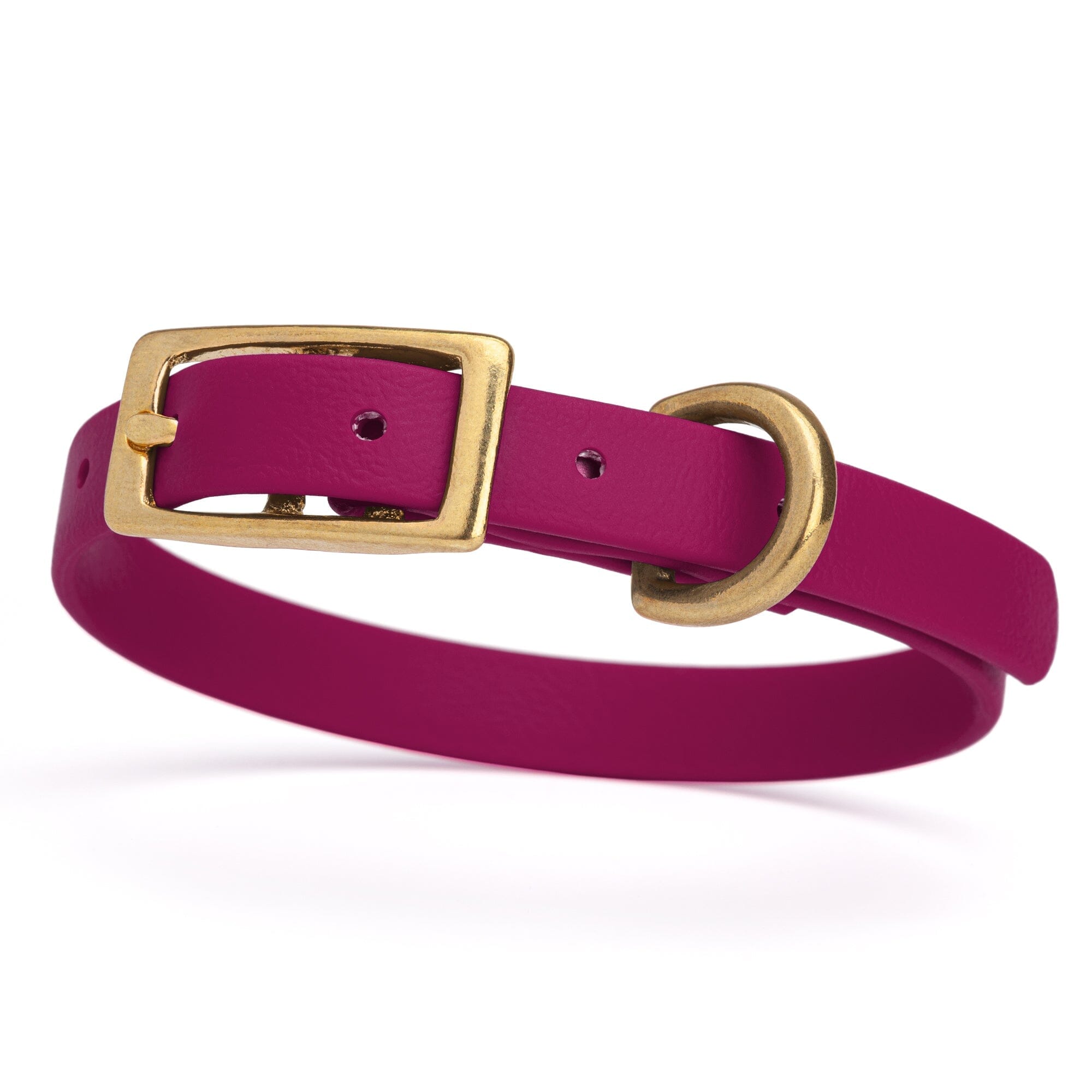 magenta/dark pink and gold biothane waterproof dog and cat collar with brass metal buckle hardware in size extra small that's a 1/2 inch wide and looks like vegan faux leather.