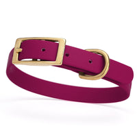 magenta dark pink and gold biothane waterproof dog and cat collar with brass metal buckle hardware in size small that's 5/8 inch wide and looks like vegan faux leather.