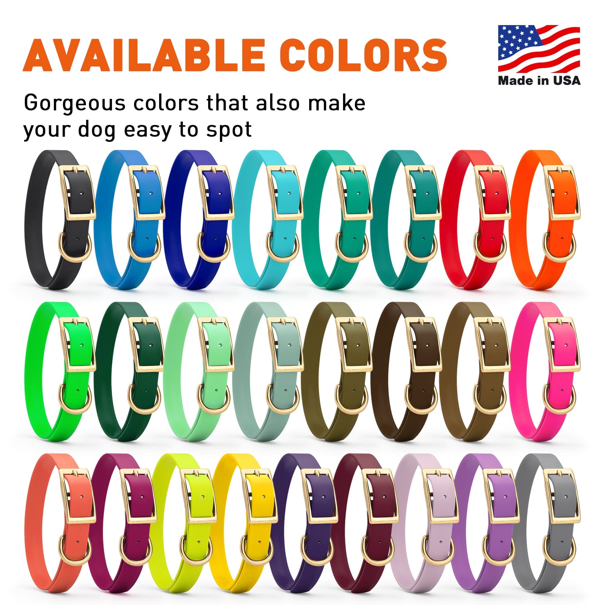 Brass: LARGE (18-22"long, 1"wide) Biothane Collar