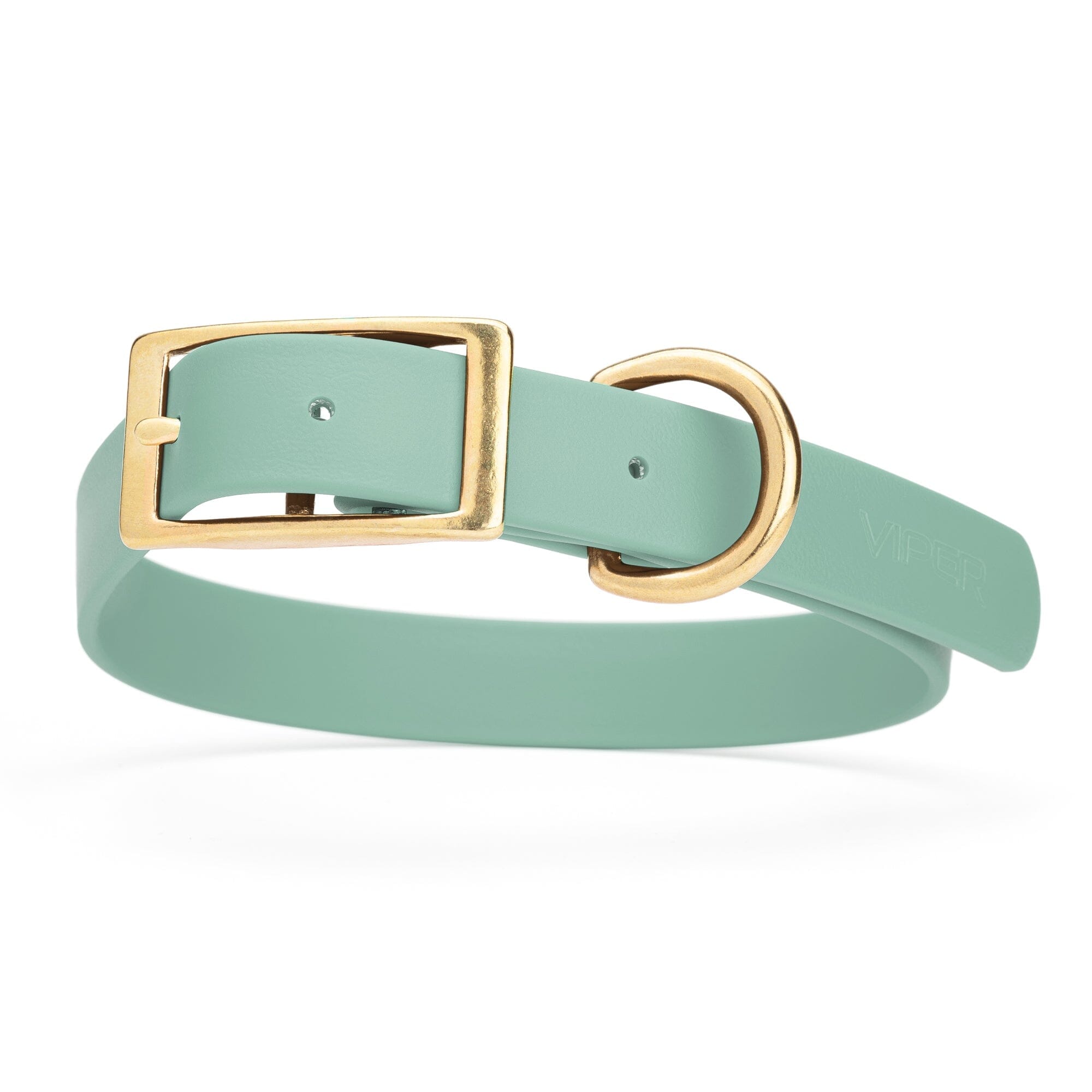 sage green and gold biothane waterproof dog and cat collar with brass metal buckle hardware in size large that's 1 inch wide and looks like vegan faux leather.
