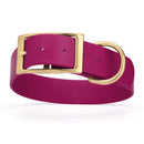 magenta/wine and gold biothane waterproof dog and cat collar with brass metal buckle hardware in size XXL that's 1.5 inches wide, 24-28" long and looks like vegan faux leather.