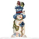 A whimsical snowman figurine or wall decor piece with a tall decorated hat, blue scarf, green patterned scarf, small birdhouse, and snowy details, isolated on a white background.